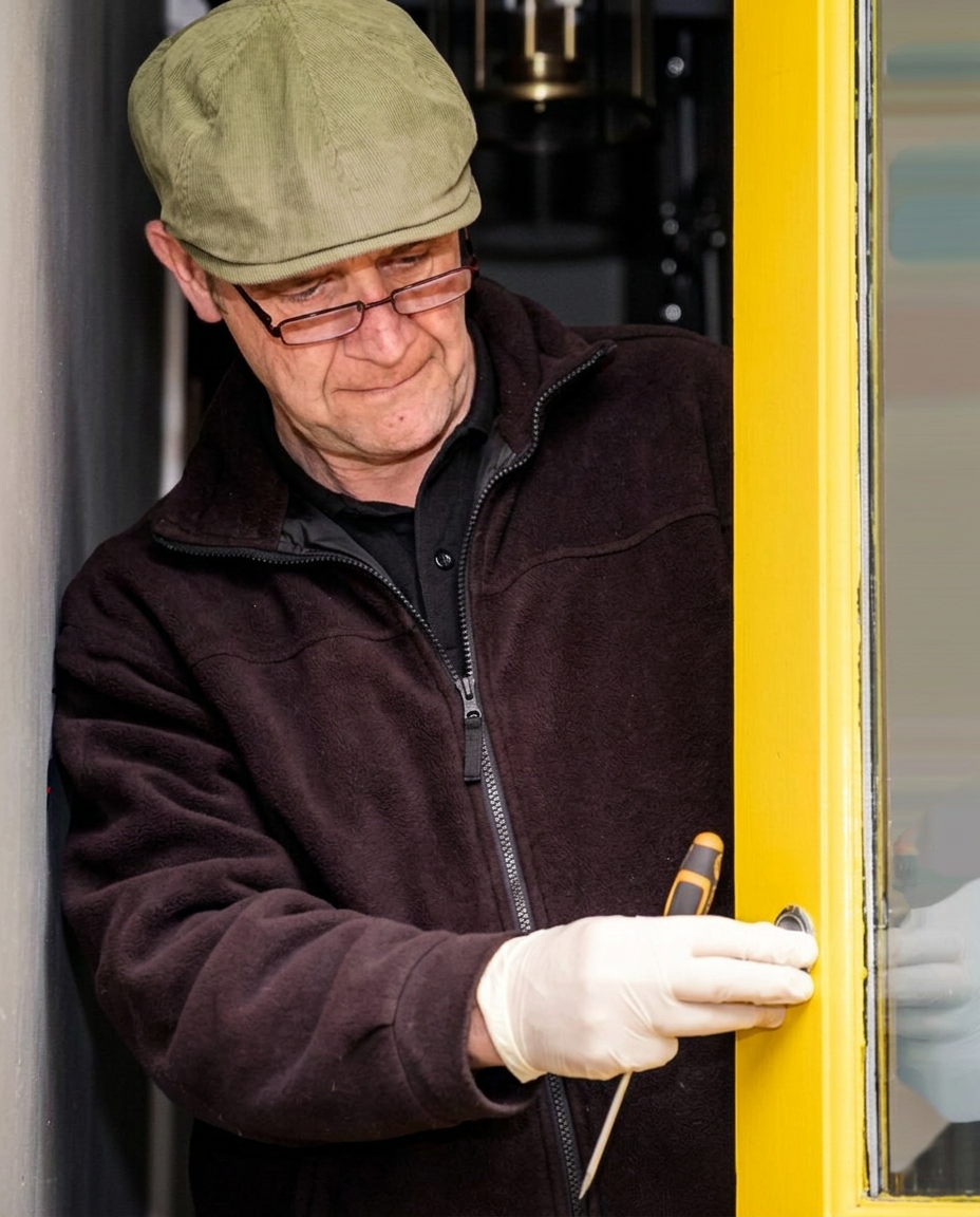 George, locksmith at The Bow Locks, fitting a lock to a yellow door in London