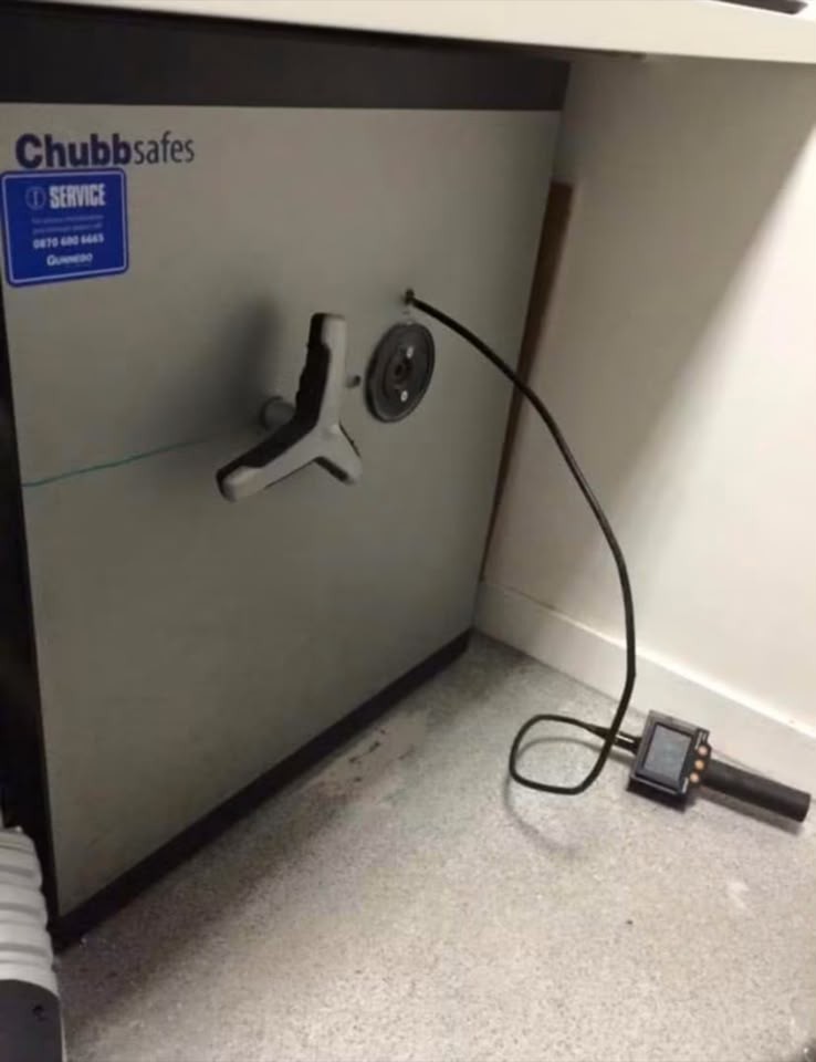 Borescope camera and screen used to open a Chubb safe without destroying it